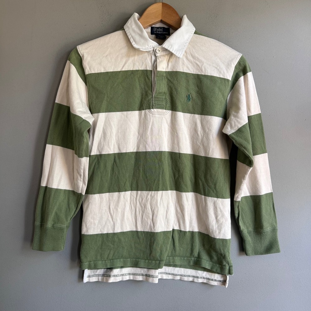 Polo Ralph Lauren Kids Green Cream Striped Long Sleeve Rugby Shirt Size M 12-14